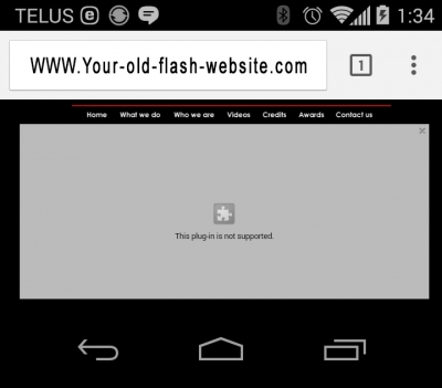 A phone browser on an old Flash website: This plug-in is not supported
