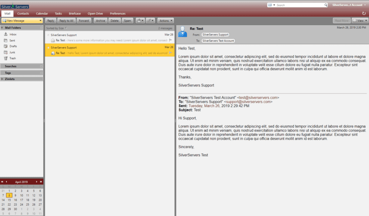 The SilverServers webmail inbox with the reading pane open