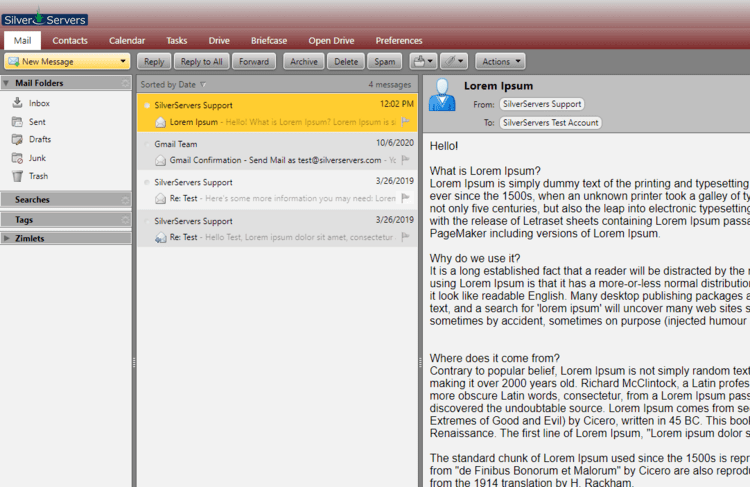 A SilverServers webmail inbox with a test message open