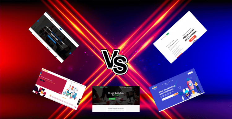 Screenshots of SEO service websites set against each other under a large VS