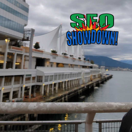 The SEO Showdown badge over Canada Place in Vancouver