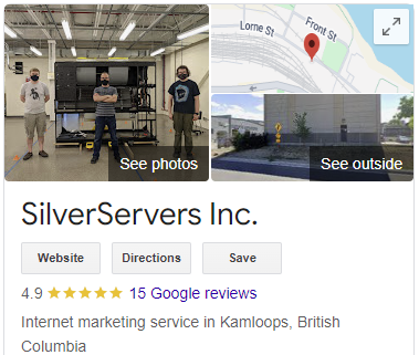 The SilverServers Google Business Profile panel, with photos, directions and reviews