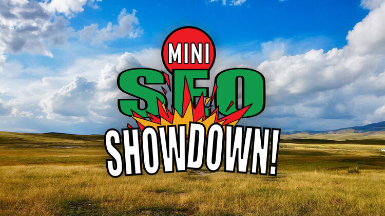 The Mini SEO Showdown badge over prairie grassland