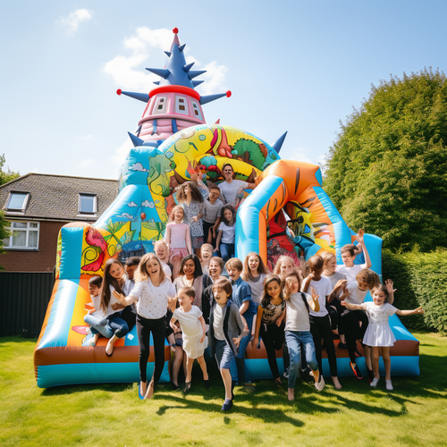 Colourful bouncy castle with children playing
