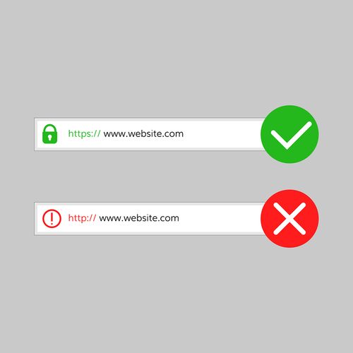 An https address with a padlock and a green check, and an http address with a red cross