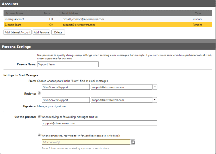 Zimbra's Accounts and Persona Settings, with a persona that sends from a different address