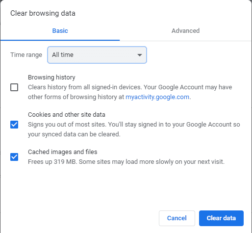 Chrome's Clear browsing data window, with cookies and cached images and files ticked