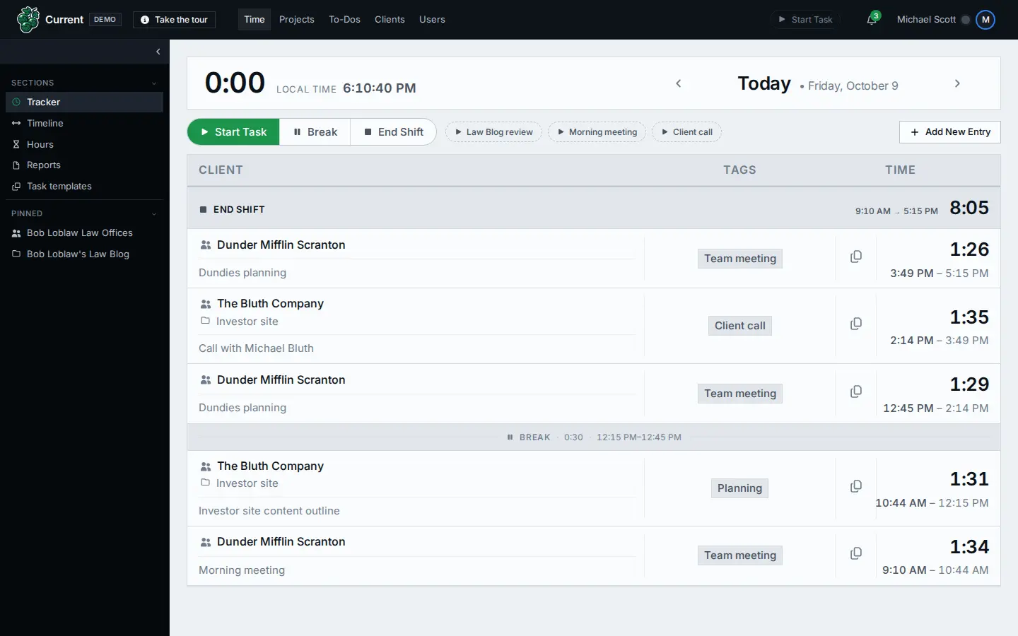 Current’s time tracker in the demo: Start Task, Break and End Shift, one-click buttons for routine work, and the day’s entries by client, tag and time