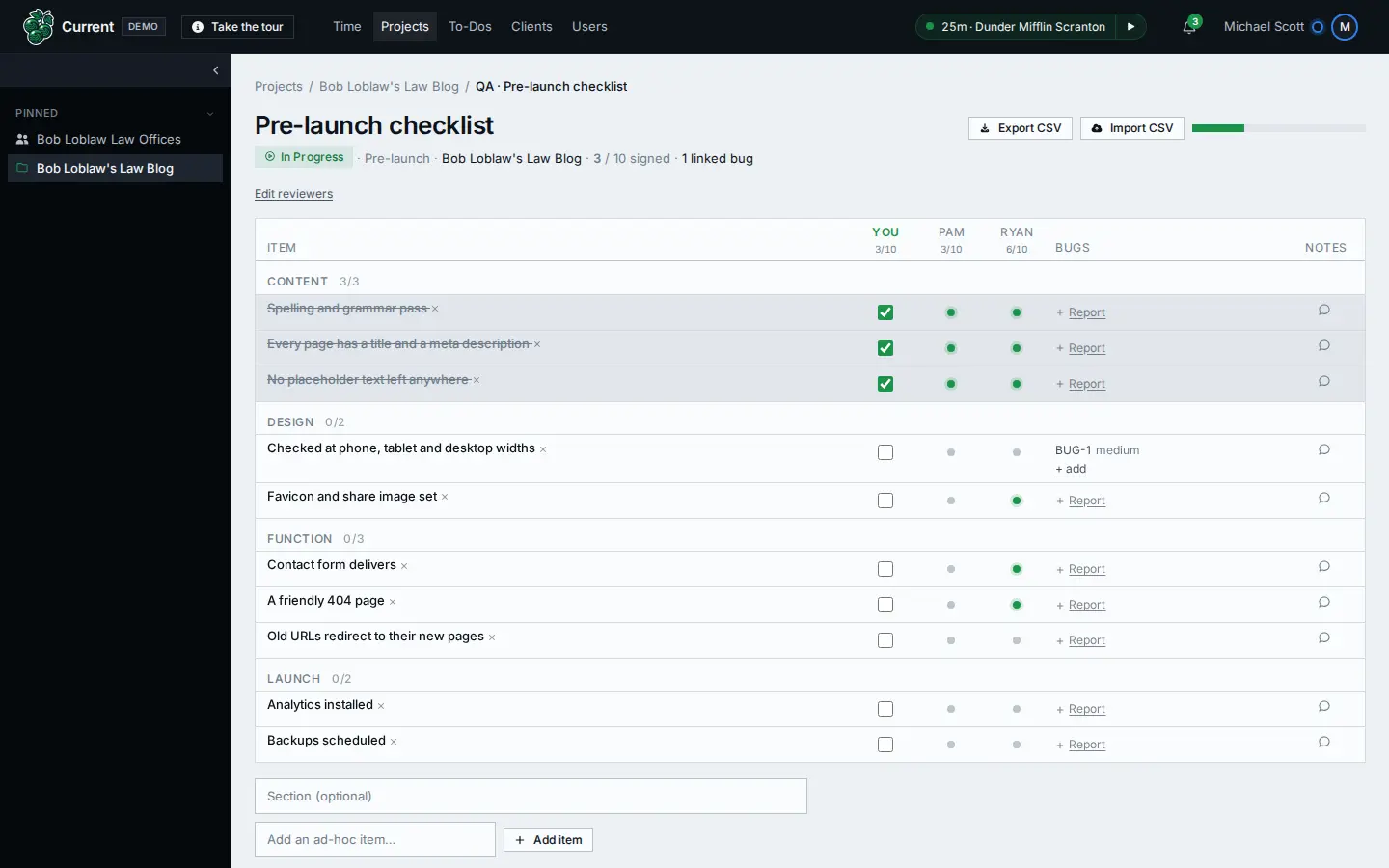 The demo’s pre-launch checklist for Bob Loblaw’s Law Blog: each item, a sign-off column for each reviewer, and a bug linked to the item it came from